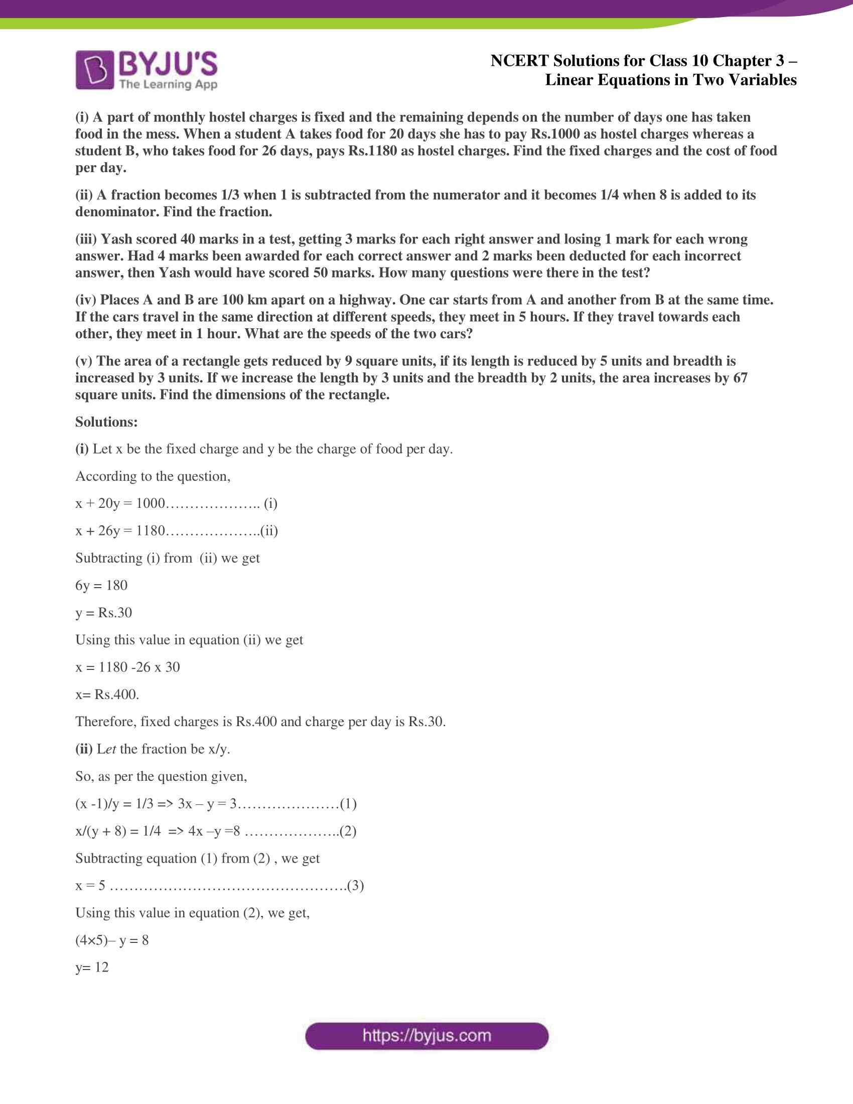 NCERT Solutions for Class 10 Chapter 3 Linear Equations in Two Variables NCERT Solutions for Class 10 Chapter 3 Linear Equations in Two Variables