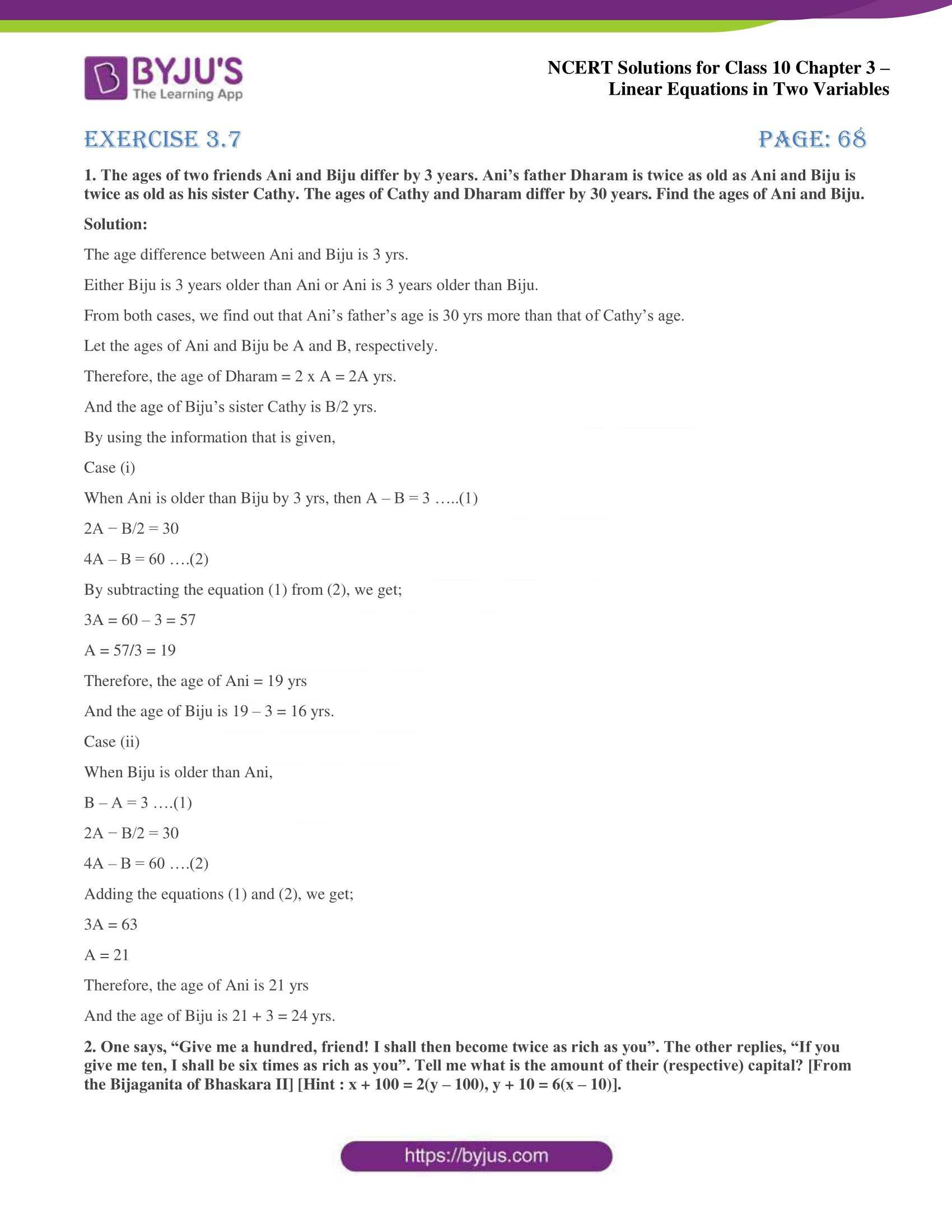 NCERT Solutions for Class 10 Chapter 3 Linear Equations in Two Variables NCERT Solutions for Class 10 Chapter 3 Linear Equations in Two Variables