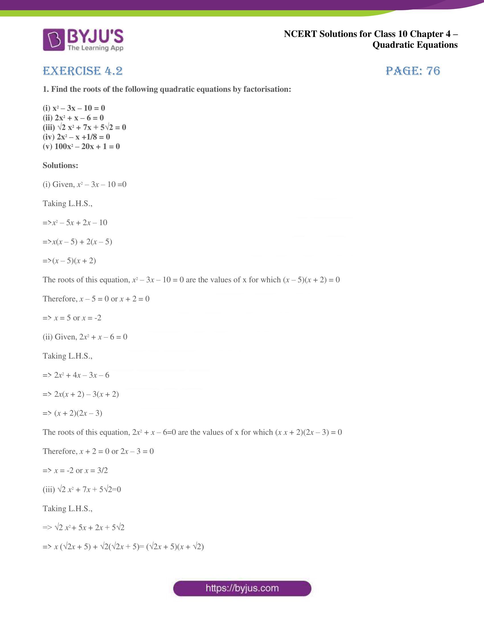 NCERT Solutions for Class 10 Maths Chapter 4 Quadratic Equations NCERT Solutions for Class 10 Maths Chapter 4 Quadratic Equations