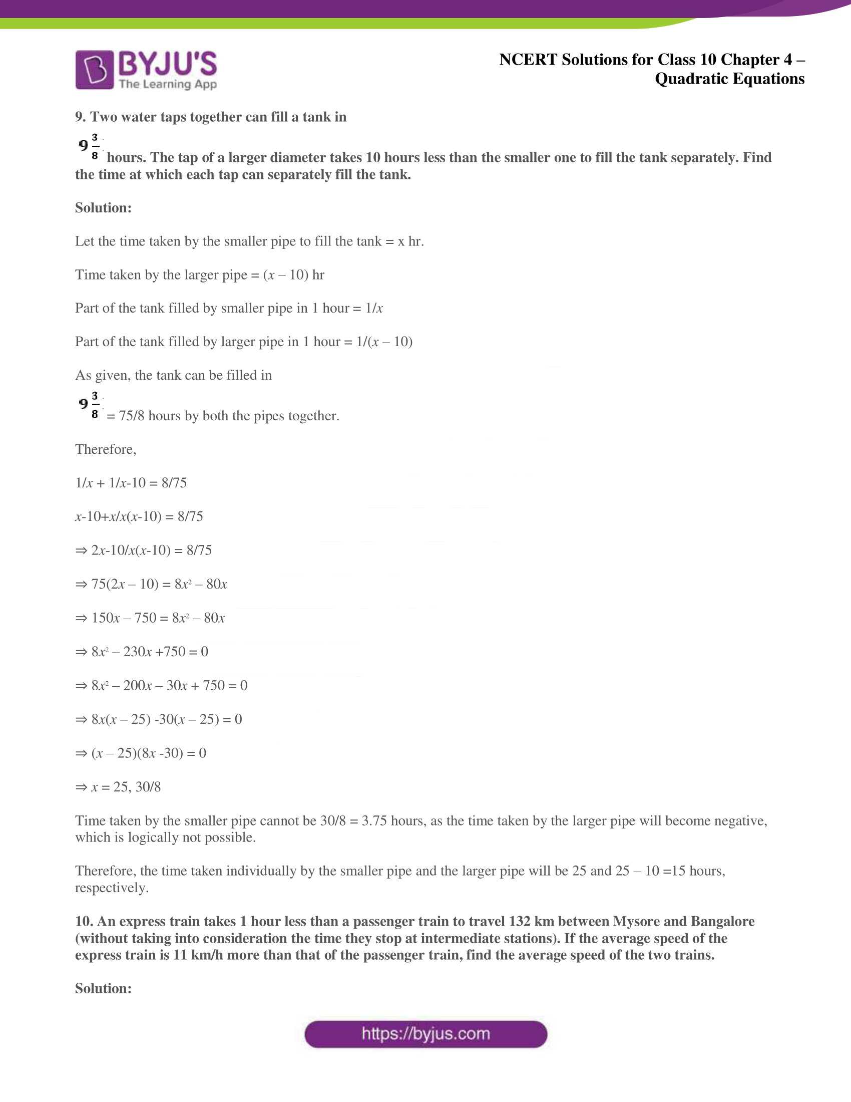 NCERT Solutions for Class 10 Maths Chapter 4 Quadratic Equations NCERT Solutions for Class 10 Maths Chapter 4 Quadratic Equations