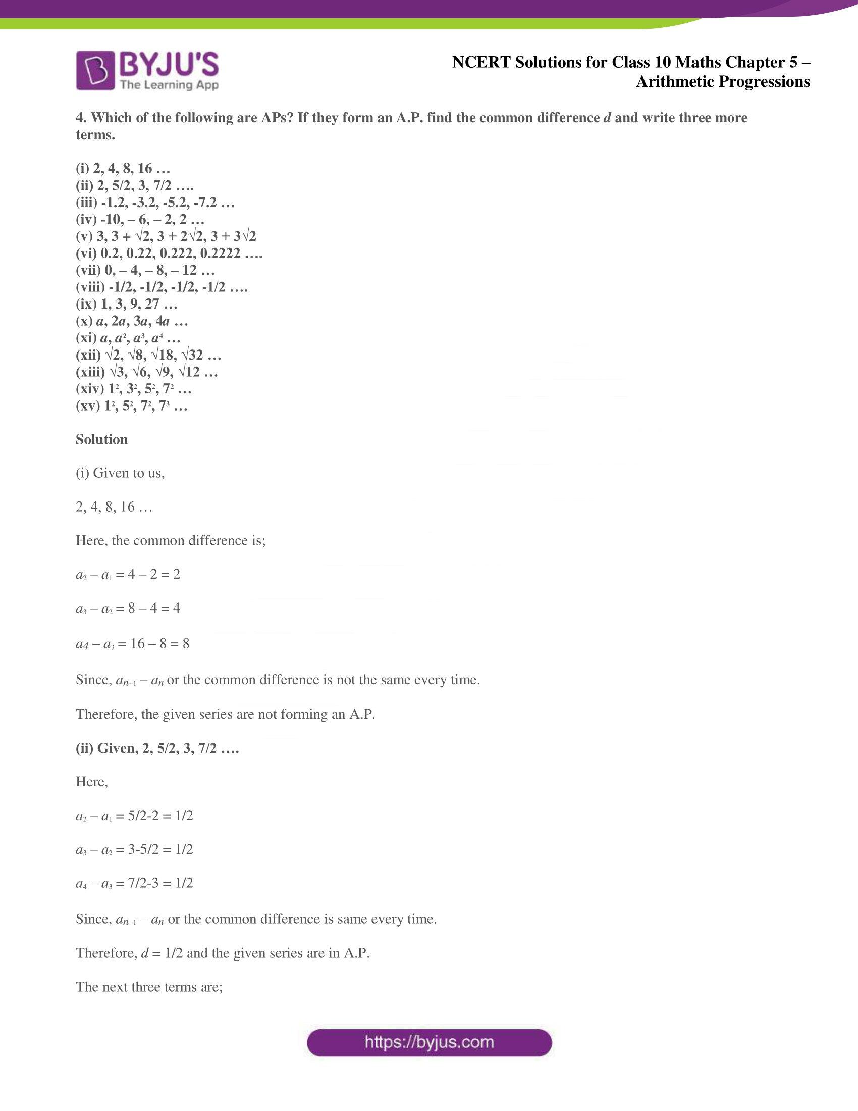 NCERT solutions for Class 10 Maths chapter 5 Arithmetic Progression NCERT solutions for Class 10 Maths chapter 5 Arithmetic Progression