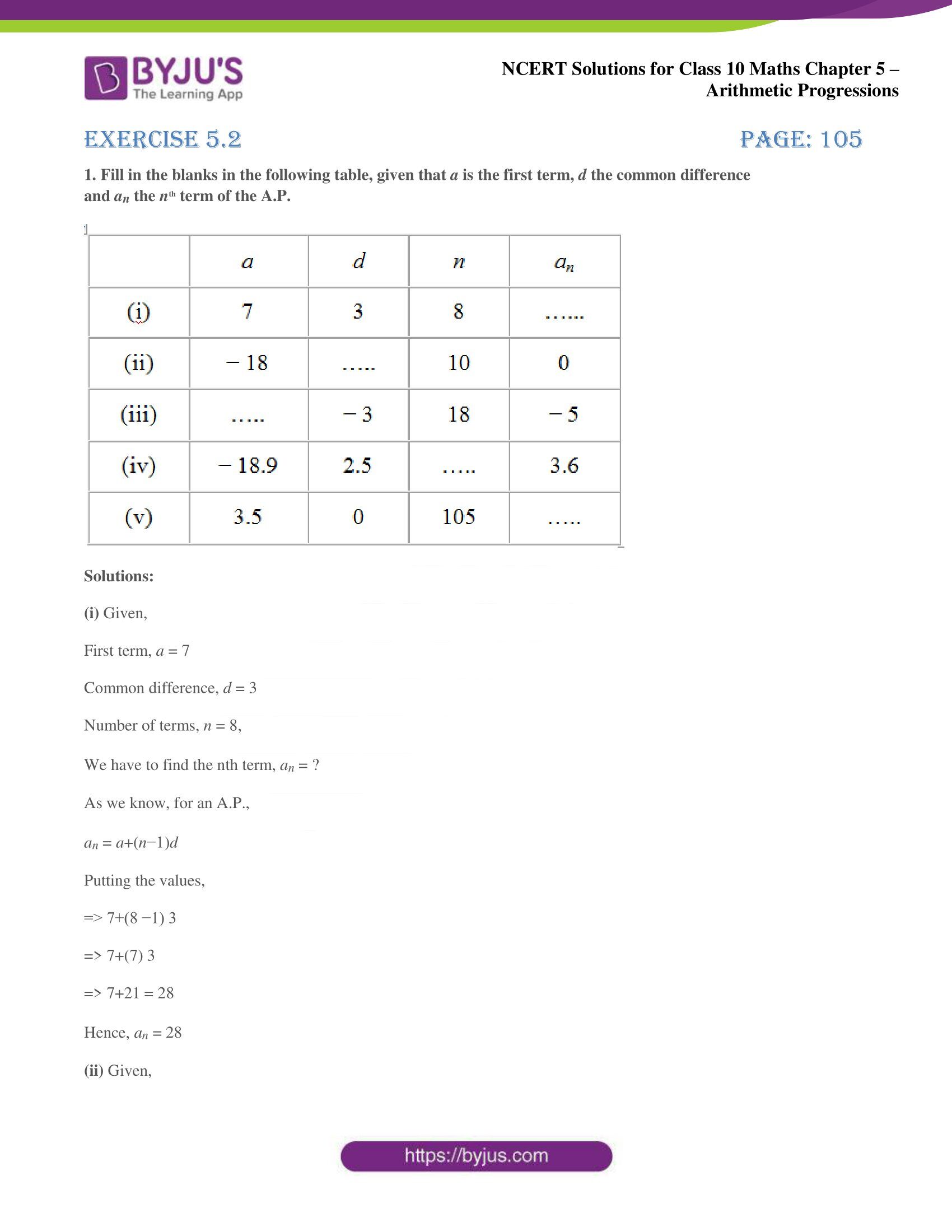 NCERT solutions for Class 10 Maths chapter 5 Arithmetic Progression NCERT solutions for Class 10 Maths chapter 5 Arithmetic Progression