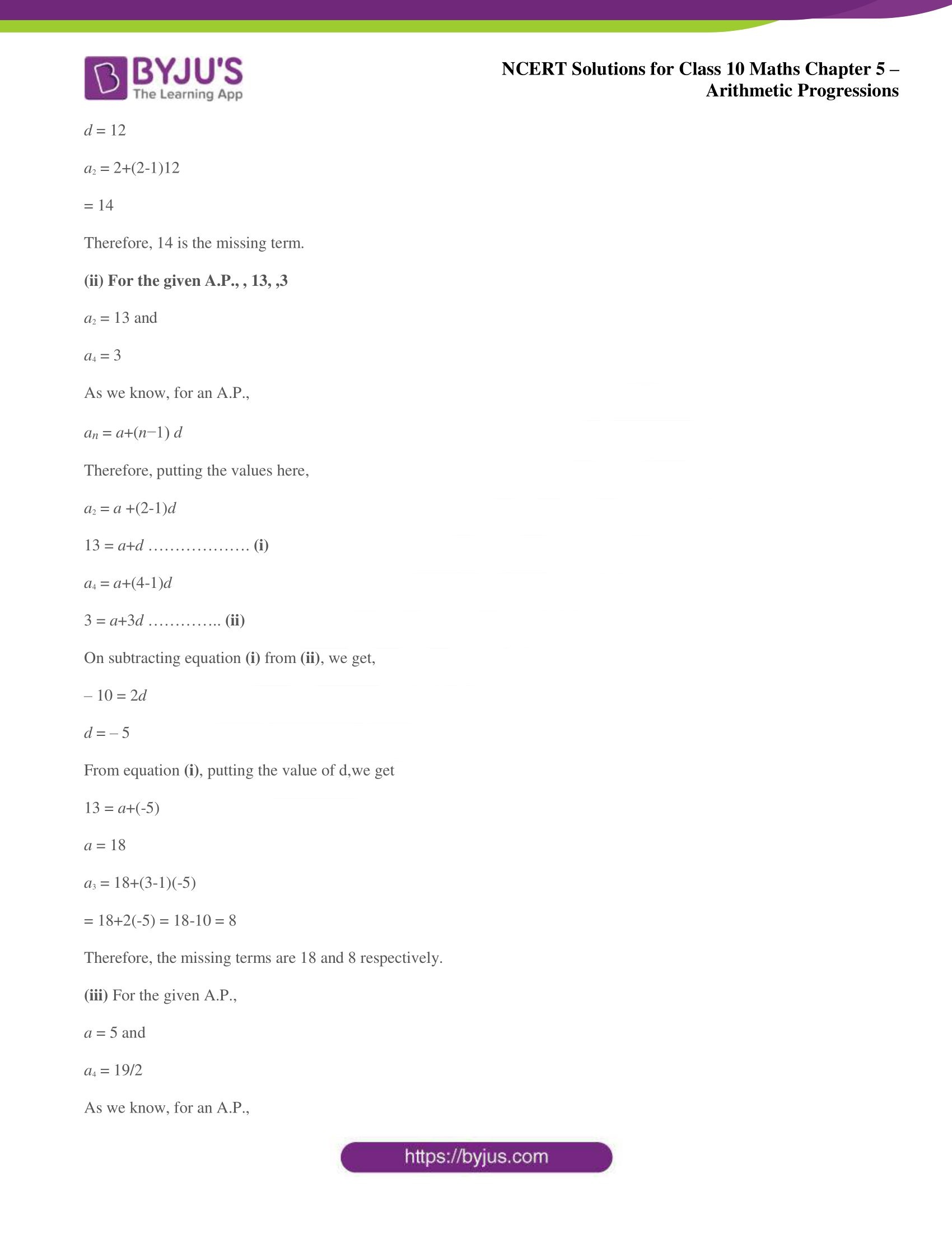 NCERT solutions for Class 10 Maths chapter 5 Arithmetic Progression NCERT solutions for Class 10 Maths chapter 5 Arithmetic Progression
