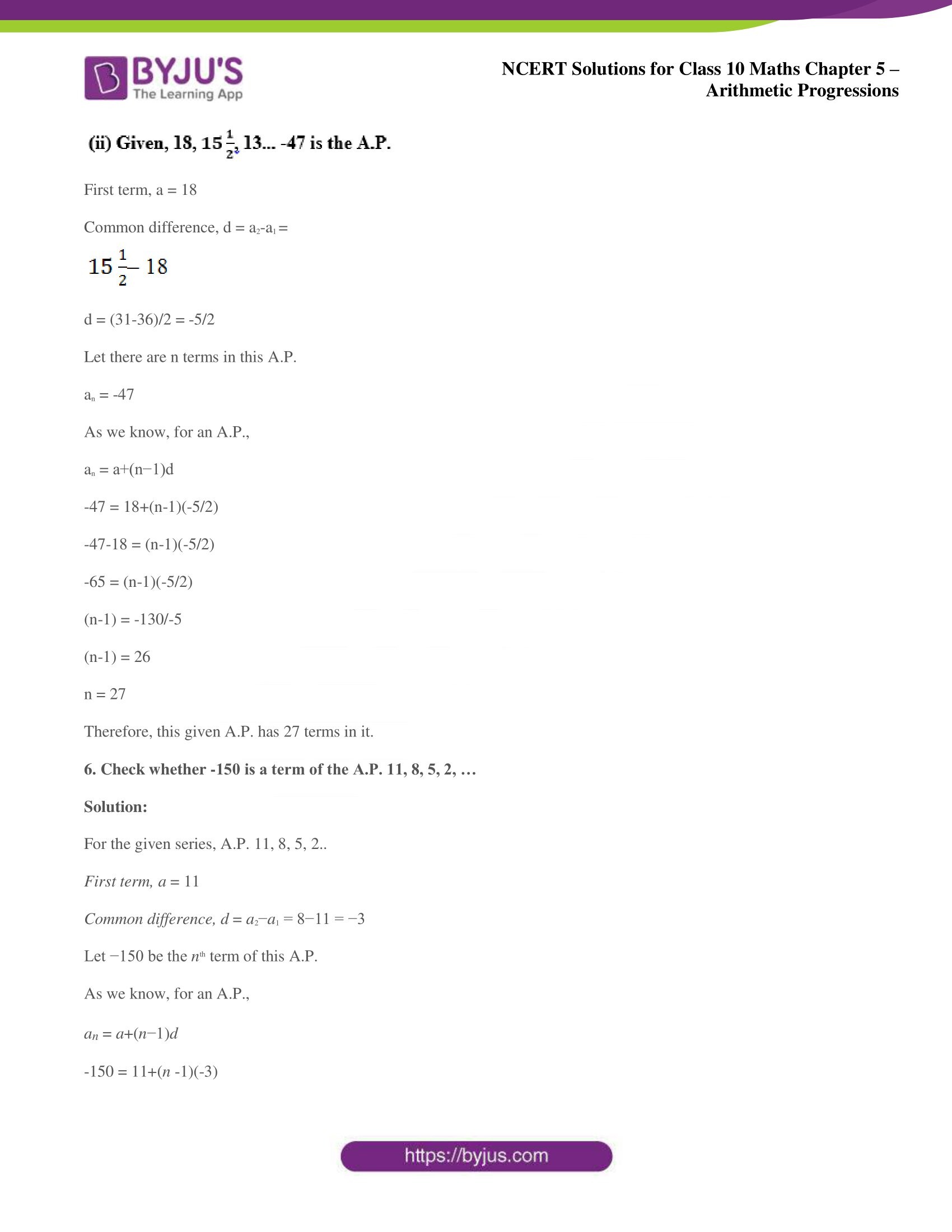 NCERT solutions for Class 10 Maths chapter 5 Arithmetic Progression NCERT solutions for Class 10 Maths chapter 5 Arithmetic Progression