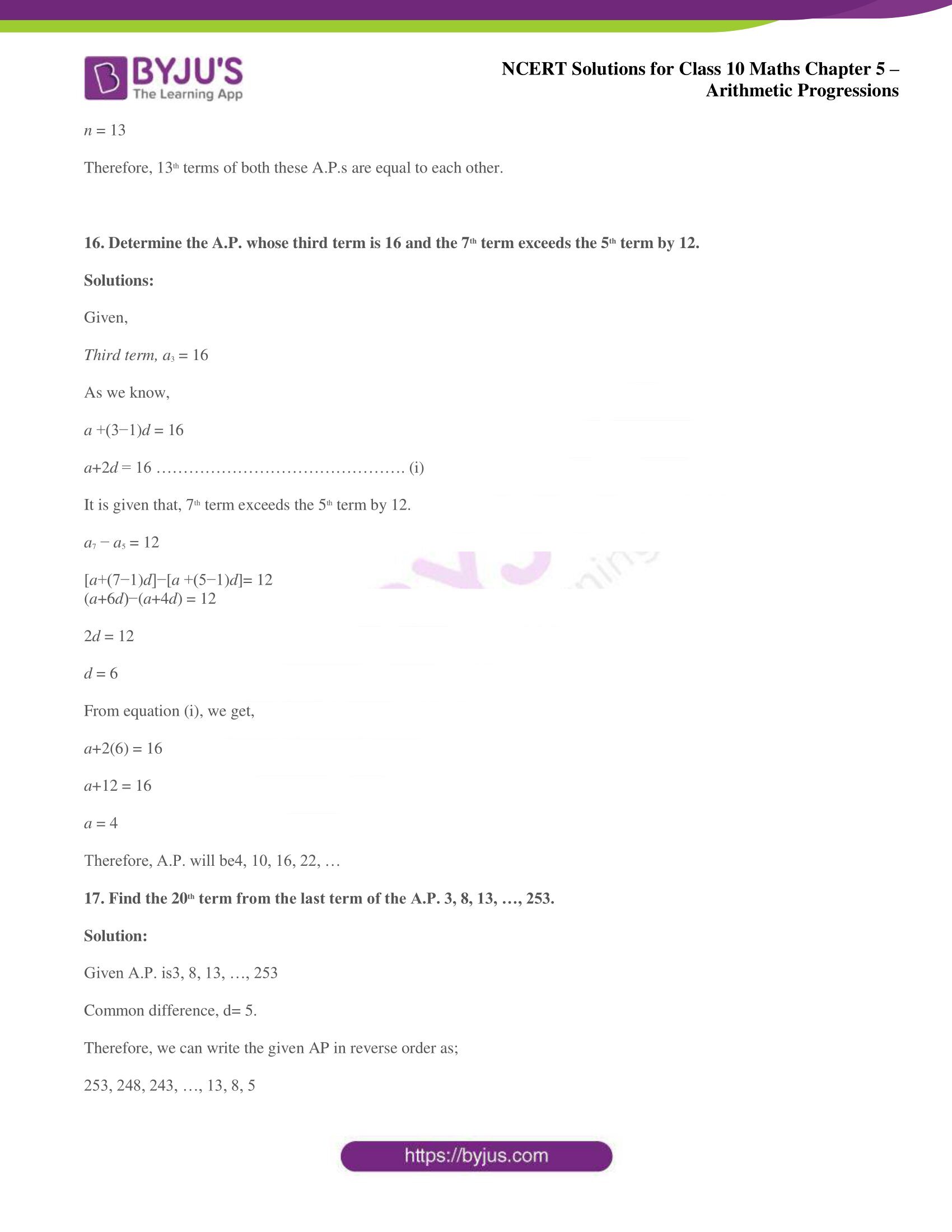 NCERT solutions for Class 10 Maths chapter 5 Arithmetic Progression NCERT solutions for Class 10 Maths chapter 5 Arithmetic Progression