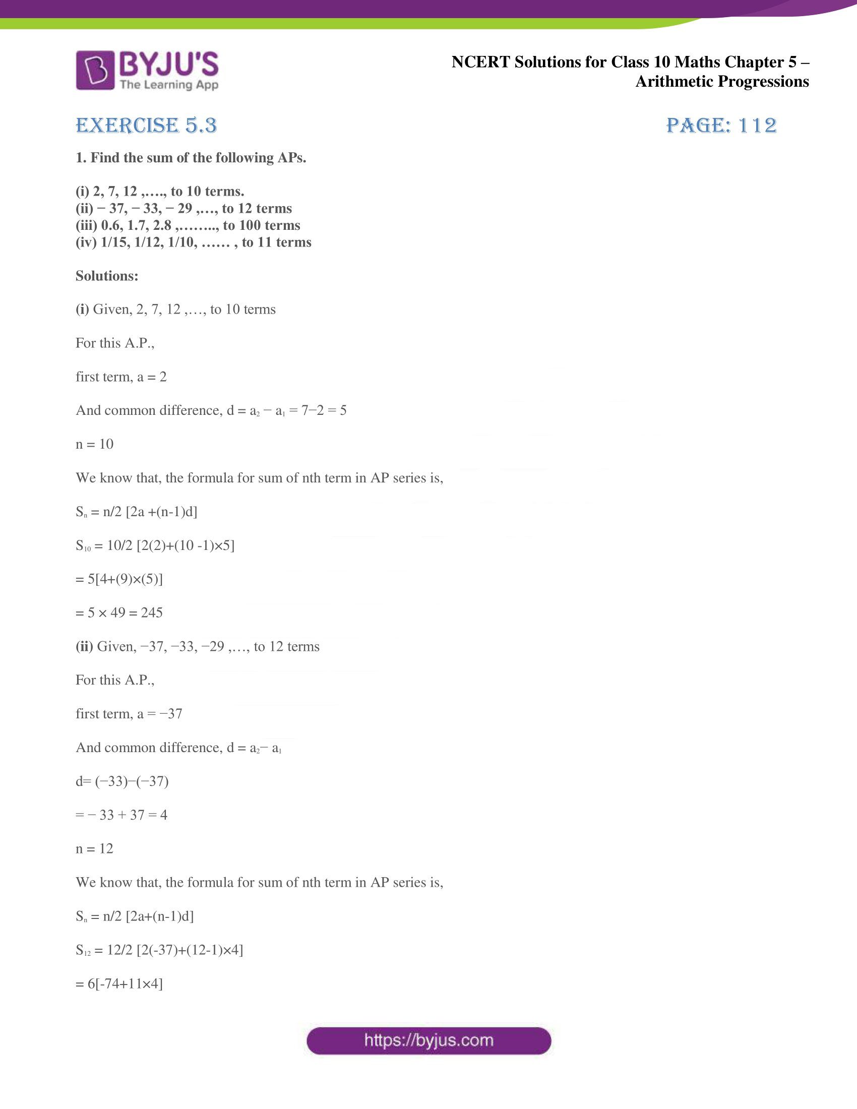 NCERT solutions for Class 10 Maths chapter 5 Arithmetic Progression NCERT solutions for Class 10 Maths chapter 5 Arithmetic Progression